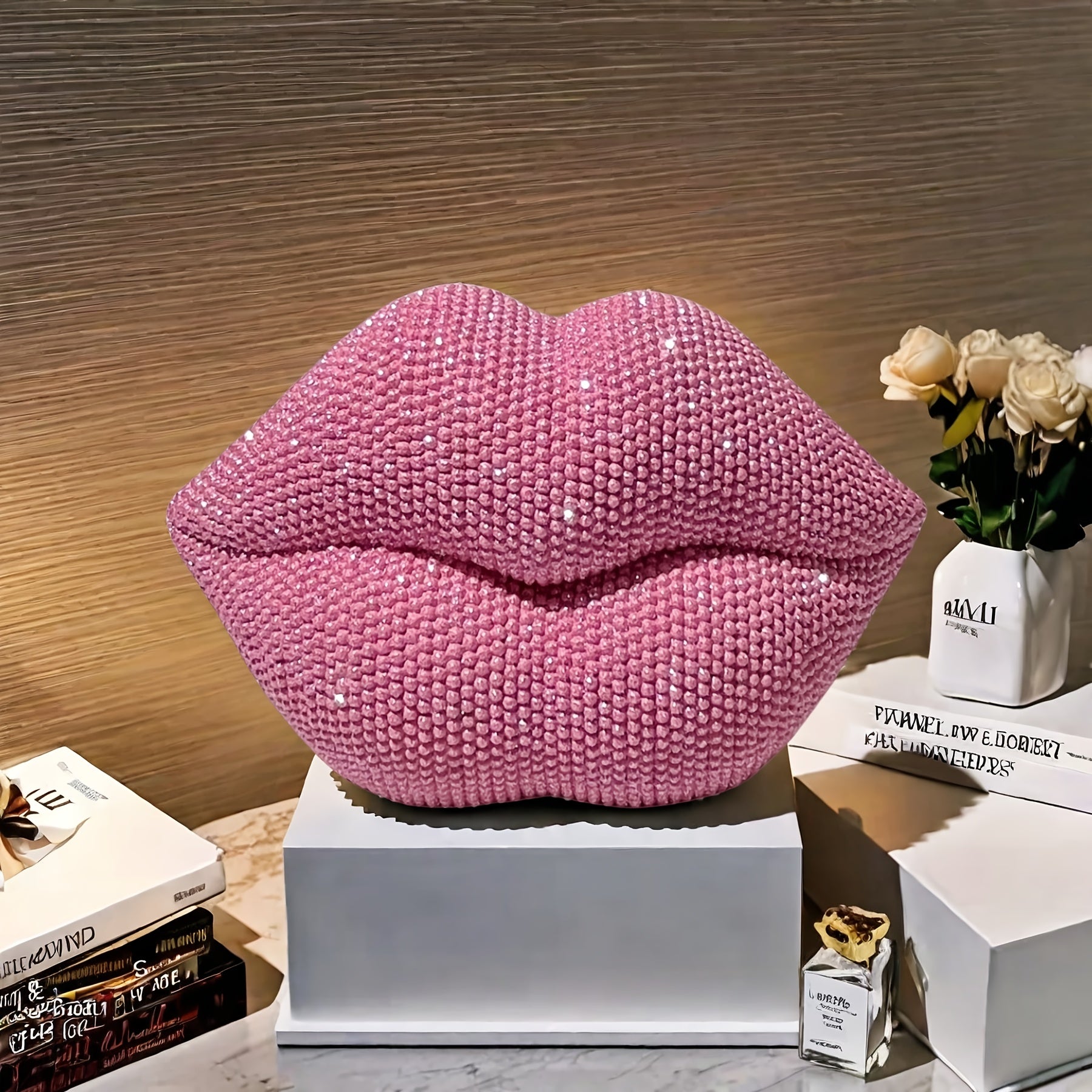 1pc Pink Beaded Lips Statue Decor – Resin Love-Themed Art for Home, Office, Bedroom, Bar, Hotel, Bathroom – Perfect for Weddings, Valentine’s Day, and Romantic Gifts, Indoor Decoration | Beaded Texture | Sleek Finish, P